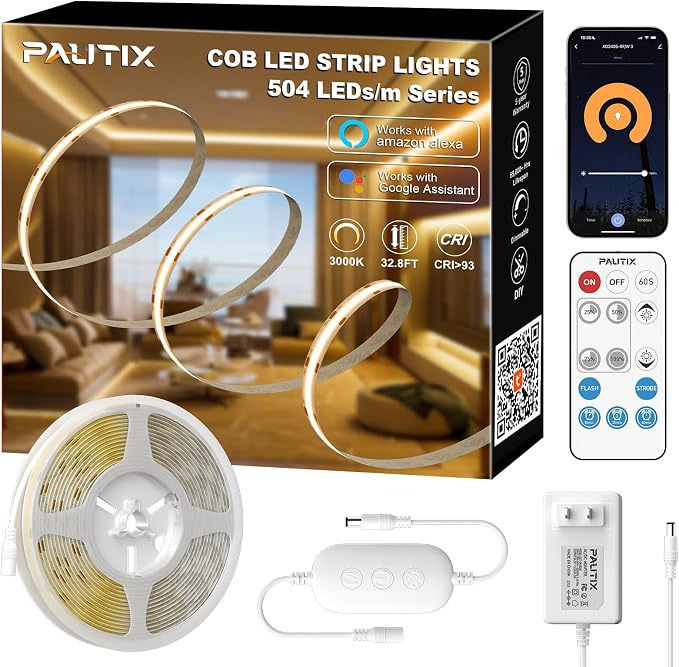 PAUTIX White LED Strip Lights 3000K,Dimmable cob led 32.8ft/10m DC24V Warm White LED Strip Lights,High Lumen Tape Lights Kit,Work with Alexa/Google Assistant for Home, Kitchen DIY Lighting