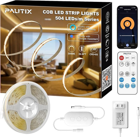 PAUTIX White LED Strip Lights 3000K,Dimmable cob led 32.8ft/10m DC24V Warm White LED Strip Lights,High Lumen Tape Lights Kit,Work with Alexa/Google Assistant for Home, Kitchen DIY Lighting