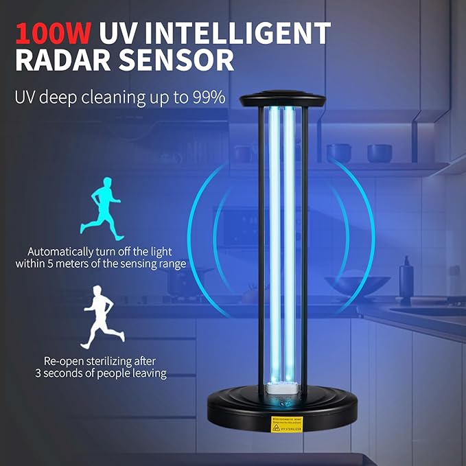 Motion Detection,Ultraviolet Germicidal Lamp, 100w UV+Ozone Light for Whole Room, 99.99% Sanitization Rate, Three-Step Timing Remote Control, Blue Light,for Home/Office/School