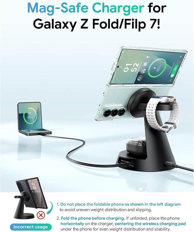 Meifigno 4 in 1 Magnetic Charger for Samsung with 20W Fast Retractable Cable, Wireless Charging Station Designed for MagSafe Charger Stand for Galaxy S26 Ultra Z Fold7/Flip7/Galaxy Watch Ultra 8/Buds