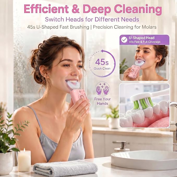 Adult Ultrasonic Electric Toothbrush, 360° Oral Cleaning for Stain & Whitening, IPX7 Waterproof Rechargeable, U-Shape Brush Head×3 + Straight Handle Brush Head×2