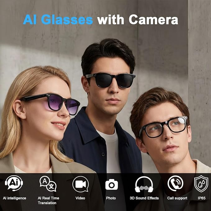 AI Smart Glasses with Camera, 8MP HD Bluetooth Camera Glasses, 1080P Video Recording Sunglasses for Women Men, Real Time Translation, Voice Assistant, Open Earbuds for Travel, Work Vlog (3 lenses)