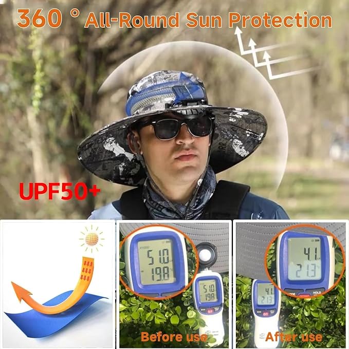 Solar Powered Fan Hat for Men Women Wide Brim Hat with 2 Fans UPF 50+ Outdoor Fishing Beach Sun Hat