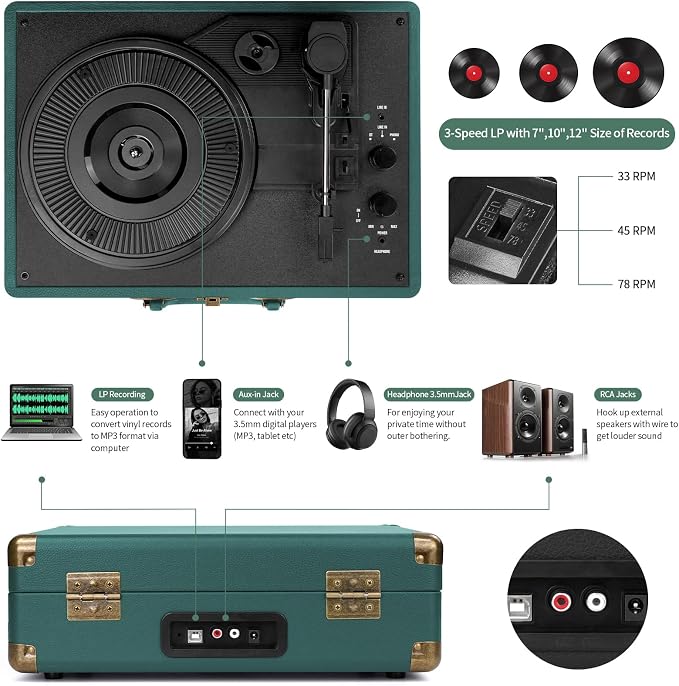 Vinyl Record Player Bluetooth Turntable 3-Speed Suitcase Portable Vintage Belt-Driven Record Player with Built-in Speakers RCA Line Out AUX in Headphone Jack Hunter Green