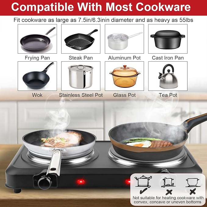 1800W Infrared Dual Burner Portable Electric Hot Plate | 7.5” & 6.3” Glass Cooktops with Stepless Temperature Control (302℉ to 1022℉) | Compact Heating Solution for Home, RV, Camping, and Dorms
