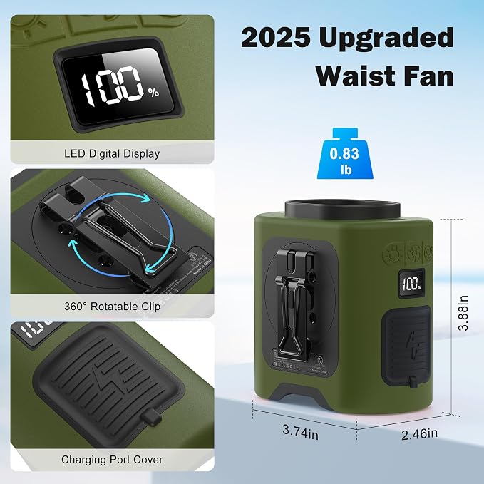 KITWLEMEN Portable Waist Fan, Father Day Gifts for Husband Dad, Blue Collar Worker Belt Clip Fan with Light, Essentials for Camping Gardening, 67H 14500RPM Rechargeable Cooling Gadgets for Men 2026