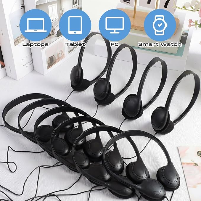 Yunsailing 10 Pack Bulk Over Ear Headphones Set On Ear Headsets Earphones with Adjustable Headband and 3.5mm Plug for Group Learning, Computer Lab, Library, Online Lesson (Black)