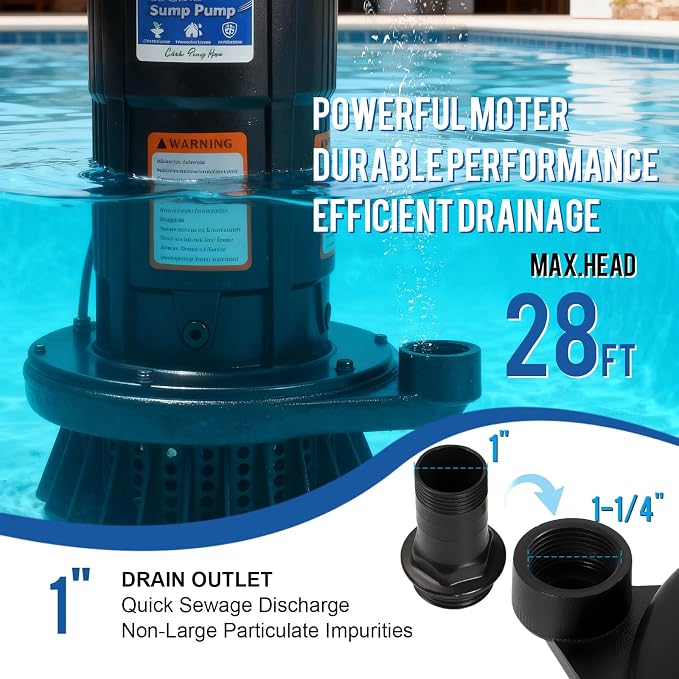 1.0HP Submersible Sump Pump, Automatic Water Pump w/ 4200 GPH High Flow, 18ft Max Head, for Dirty Water Removal, Flooded Basement, Swimming Pool Cover, Hot Tubs, Aluminum (1HP/28FT)