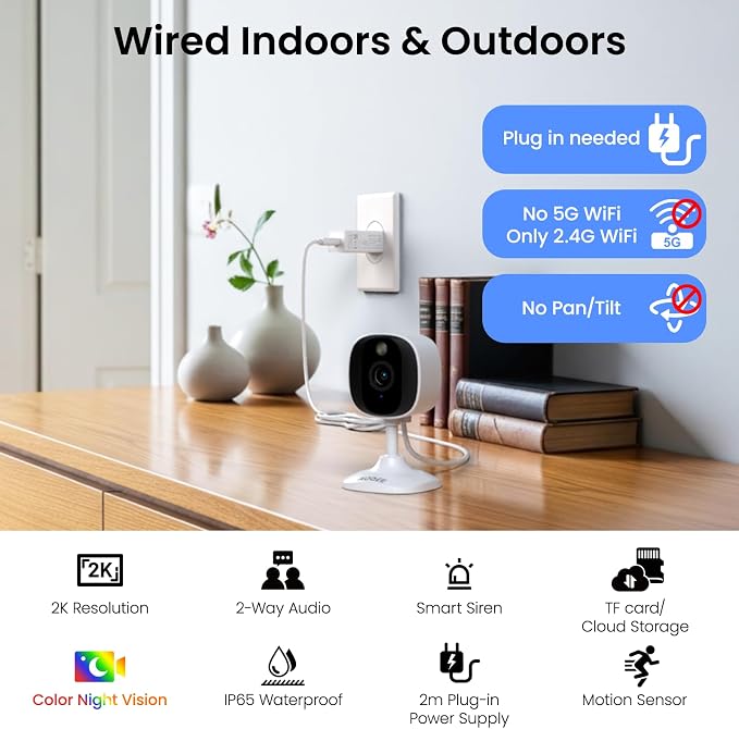 AOQEE 2K Cameras for Home Security-Outdoor/Indoor Camera for Dog/Cat/Pet/Nanny/Baby/Elderly, Color Night Vision, White Light, Siren, 24/7 SD Recordings, Works with Alexa, Plug in (C1-White-3pack-2.4G)