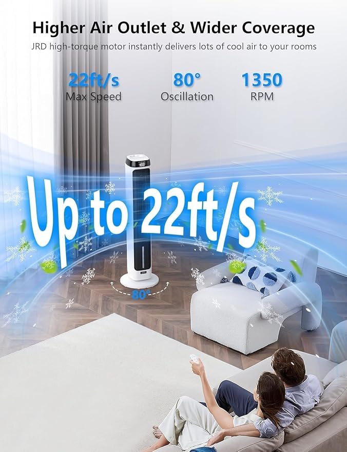 JRD 41" Evaporative Cooler with 3 Speeds, 5 Modes, Remote, 80° Oscillation Swamp Cooler with 12H Timer, Bladeless Tower Fan Cooling Fan for Bedroom Office Home