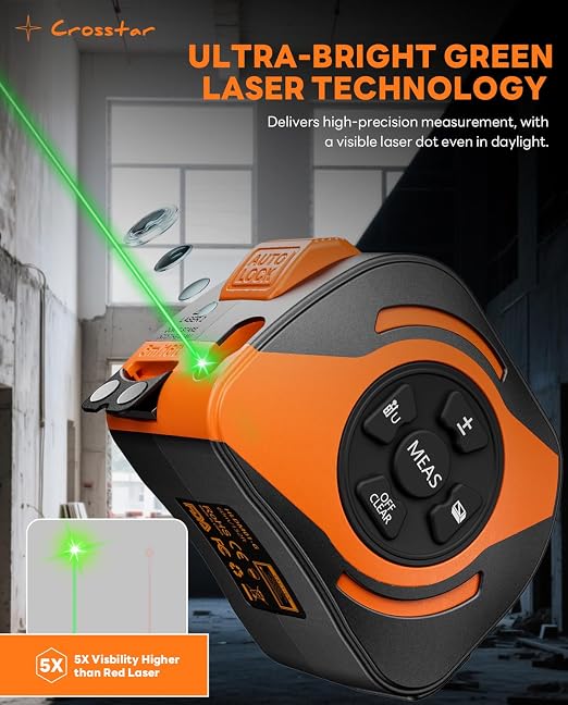 Crosstar 2-in-1 Laser Tape Measure 197ft, 532nm Green Beam, 16ft Manual Tape w/Matte Blade, LCD Display with Tilt Angle, Pythagorean Mode, Magnetic Hook for Construction Woodworking
