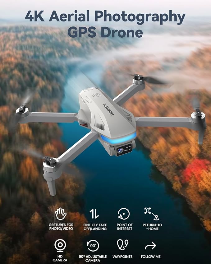 SIMREX GPS Drone with Camera for Adults 4K, Brushless Motor Drones for Beginners ,5G WiFi FPV Foldable, Auto Return , Optical Flow & Altitude Hold,Gesture Control,Follow Me, Waypoint Flight, Toys Gifts for Teen Boys (Gray)