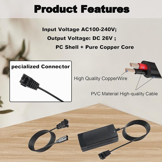 26V Adapter Charger for 21.6V Battery Pool Cleaner Compatible with Seauto Crab CR and Zyerch SAT30 Robotic Pool Vacuum Charger