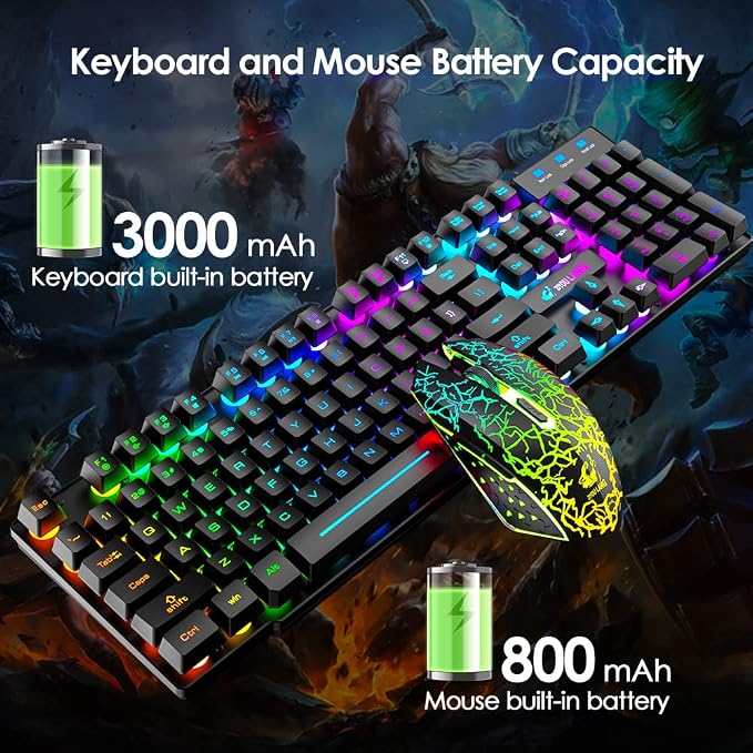 Wireless Gaming Keyboard and Mouse Combo Rechargeable 4000mAh Battery Rainbow Backlit Quiet Ergonomic Mechanical Feeling Anti-Ghosting 2400 DPI Mouse and Mousepad 3 in 1 Set for PC Laptop Mac