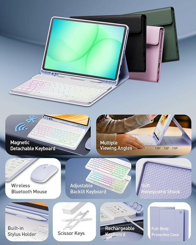 Keyboard Case for Samsung Galaxy Tab A11 Plus 11 Inch 2025/ A9+ Plus 2023 Tablet, Detachable Rainbow Backlit Wireless Keyboard and Mouse, Slim Stand Cover with S Pen Holder (Purple)