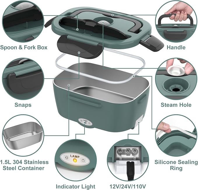 WisaKey Green Electric Lunch Box Food Heater 80W Heated LunchBox for Adults, 12V 24V 110V 220V Lunch Warmer Portable for Work Car Truck Jobsite Work with 304 Stainless Steel Container Christmas Gift