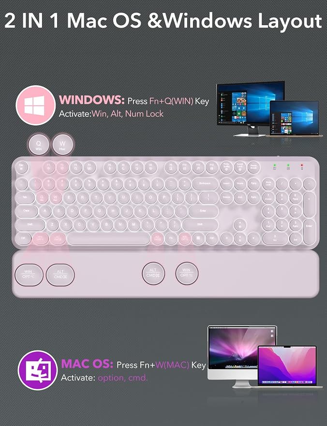 Wireless Keyboard and Mouse Backlit - Typewriter Keyboard with Magnetic Wrist Rest, Retro Round Keycaps, Light Up Letters, 2.4GHz Cordless Combo for Mac, Windows, PC, Laptop, Trueque（Dusty Lavender）