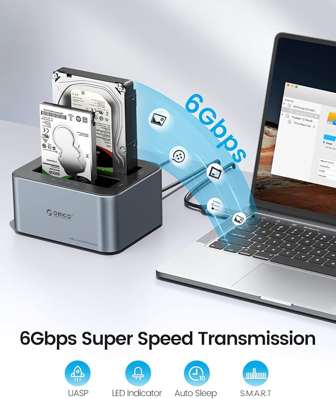 ORICO Hard Drive Docking Station with Offline Clone, Aluminum Alloy Dual Bay USB C to SATA Hard Drive Dock Holder for 2.5 or 3.5 Inch HDD 36TB UASP Support,Gray (6626C3-C)