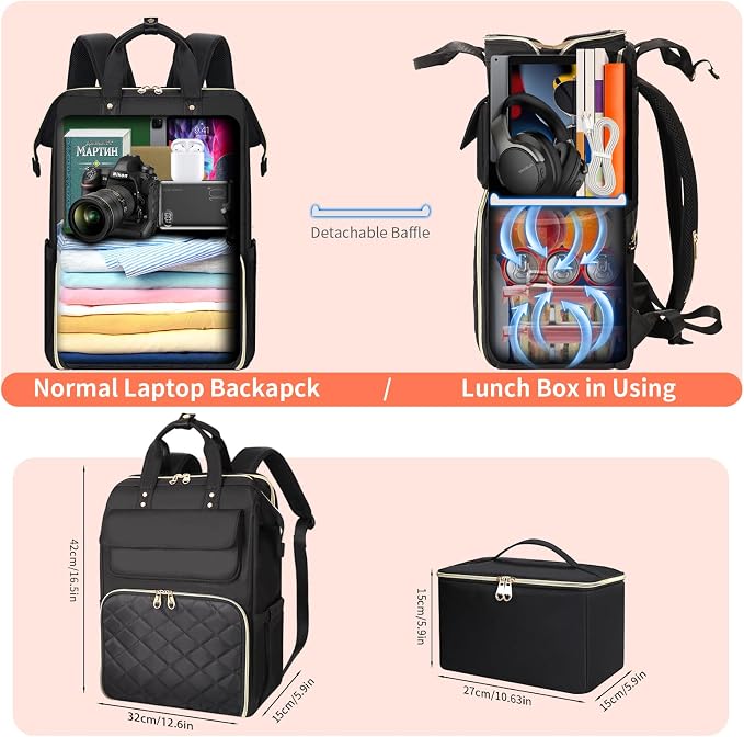 BERTASCHE Lunch Backpack for Women, 17.3 Inch Laptop Backpack with Insulated Cooler Lunch box, Nurse Backpack for Teacher Work Travel College Picnic, Black