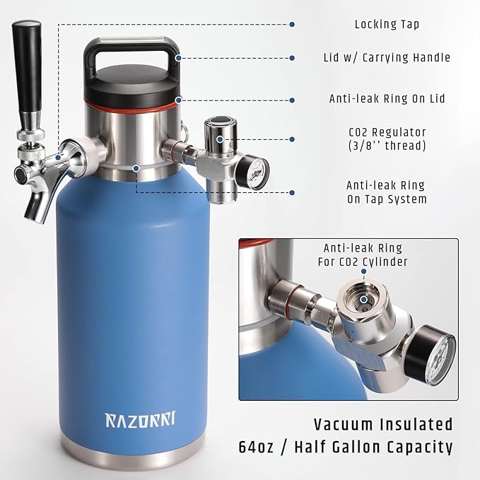 Razorri 64oz Stainless Steel Beer Growler, Double-Wall Vacuum Insulated Carbonated Keg with Professional Bar Tap and Pressurized CO2 Regulator, 0.5 Gallon, Ocean Blue