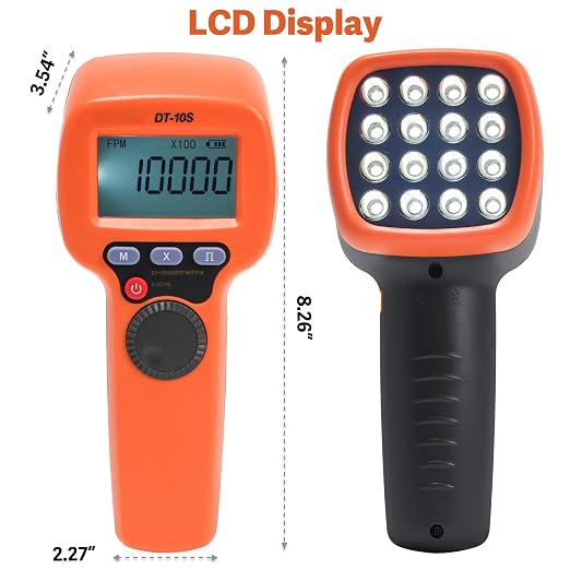 Strobe Light Tachometer, 60-99999 RPM Tachometer, Digital Non Contact Handheld LED Stroboscope for Motor Engine, Hz Velocity with High Accuracy 0.001% (DT10S)