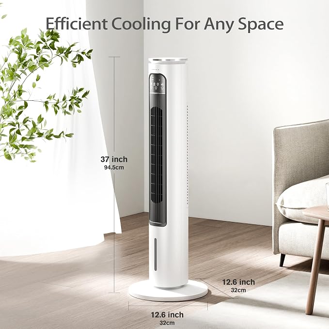 Windowless Portable Air Conditioners, 37’’ Cooling Tower Fan, Evaporative Air Cooler w/Remote, 2.5L Water Tank & Ice Packs, 12H Auto-off, 70° Oscillating, Ultra-Quiet Standing Fan For HomeOffice