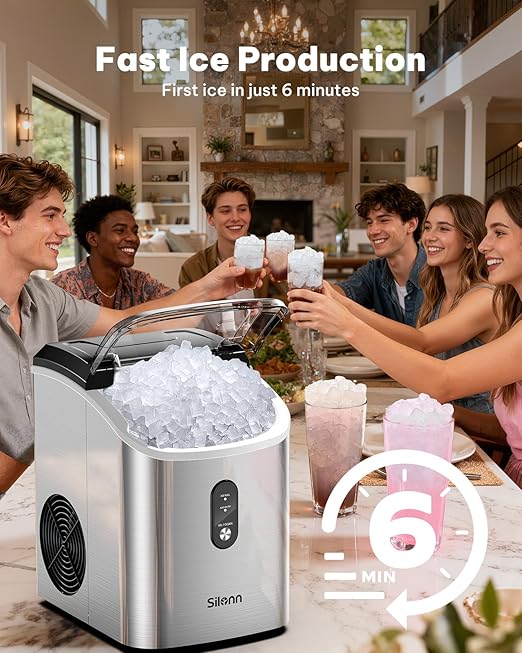 Silonn Nugget Ice Maker Countertop, Pellet Ice Machine with Self-Cleaning Function, Sonic Ice Maker Produces 33lbs of Chewable Ice in 24 Hours, Ideal for Home Kitchen and Office (Stainless Steel-17T)