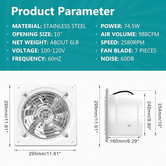HG Power 10 Inch Exhaust Fan, Kitchen Exhaust Fan With Switch 988 CFM Wall Mounted, Extractor Ventilation Fan For Attic, Greenhouse, Basement, Shed