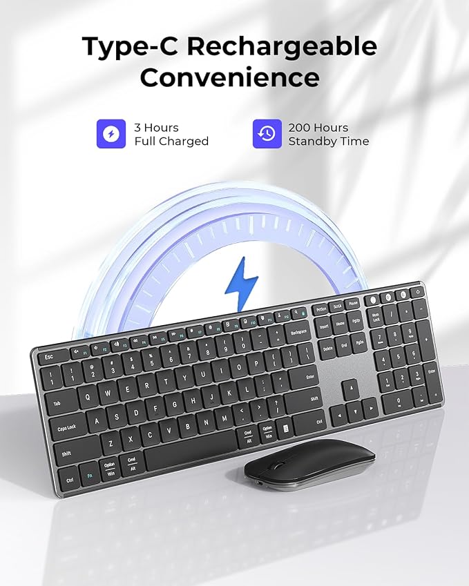 seenda Wireless Bluetooth Keyboard and Mouse Combo, SKM64-3 Rechargeable Slim Quiet Keyboard Mouse, 3 Multi-Device Connection, Compatible for Windows 11/10 PC Laptop Mac MacBook iPad, Black Gray
