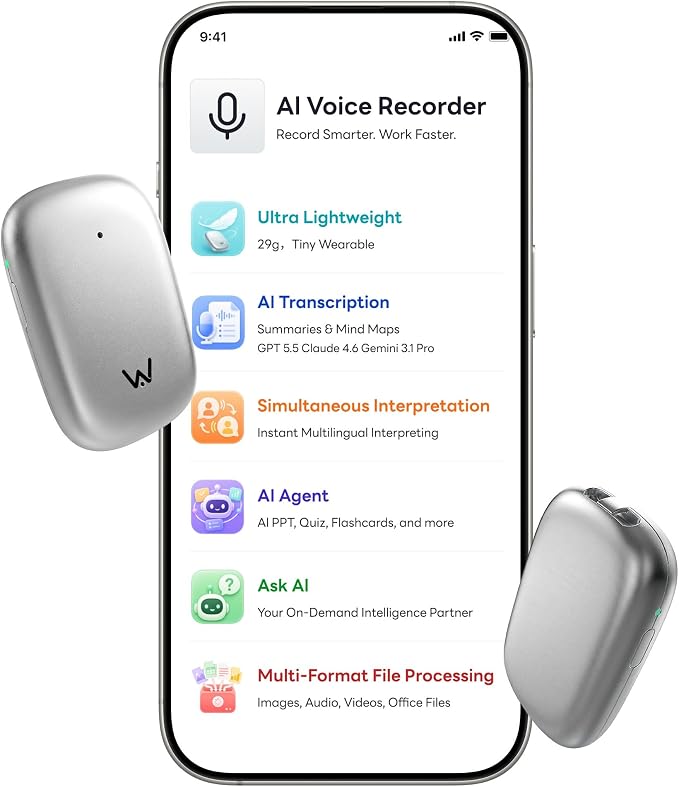 WaveNote TAG AI Voice Recorder – Speech-to-Text Transcription & Summary, 42-Hour Long Recording, Real-Time Translation, Ideal for Business Meetings, Lectures, Interviews, 40-Day Standby