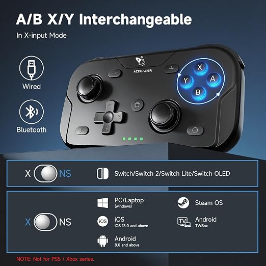 AceGamer 2 Pack Wireless Pocket Controller for Nintendo Switch/Switch 2/Android/iOS/PC/Steamdeck, Joystick Lift and Down Design, Bluetooth Gamepad with 6-axis Gyroscope/Turbo/Vibration/ 1000Hz