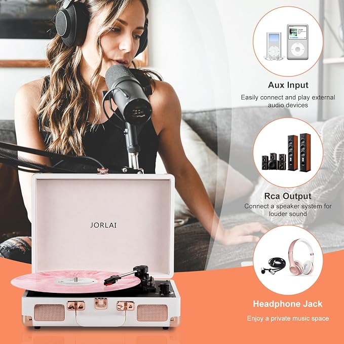 3-Speed Vinyl Record Player Turntable Portable Suitcase with Bluetooth, Rechargeable Battery, Aux/RCA/Headphone Jacks, Compact Retro Design for Vinyl Lovers
