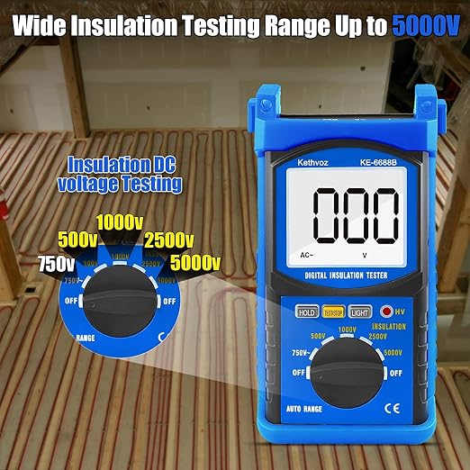 Digital Megohmmeter, Kethvoz 500V/1000V/2500V/5000V Insulation Resistance Tester, Auto Range Megohm Meter 1MΩ~2GΩ, Testing AC Voltage 750V,Data Hold Backlit LCD for Heat Cable HAVC Motor Winding