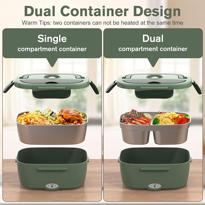 Vabaso Electric Lunch Box for Adults, 80W Heated Lunch Box with Dual 1.5L Stainless Steel Containers, Portable Food Warmer for Men Work Car Truck, 12V/24V/110V/220V