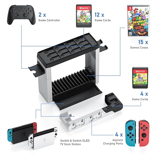 Switch Game Storage with Controller Charger for Nintendo Switch & OLED Model, MLIFEMFUL Switch Charging Dock Charges 6 Joycons, Switch Gaming Accessories Holder Desk, Switch Game Gift Card Organizer