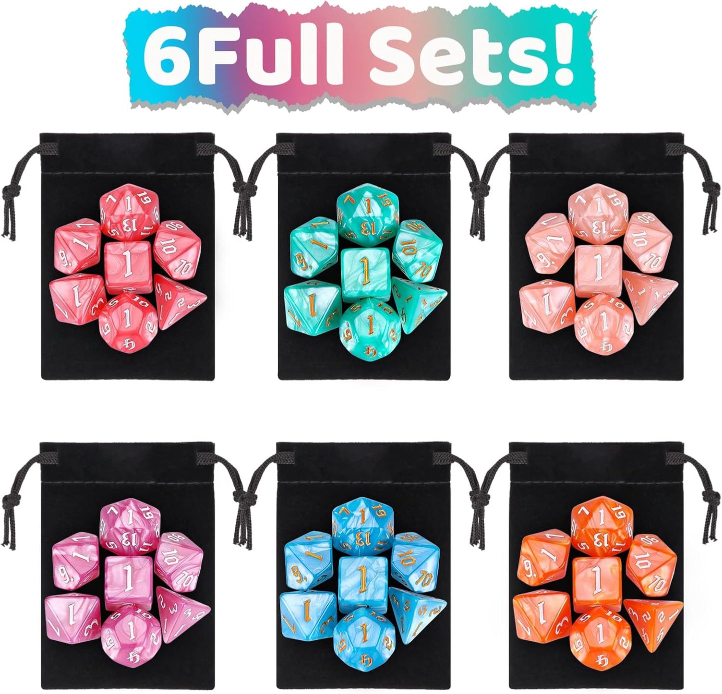 DND Dice, Surhugvy 6 X 7 (42 Pieces) Polyhedral Dice Set for Dungeons and Dragons DND RPG MTG Table Games with 6 Pack Black Bags