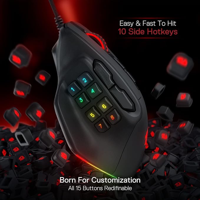 Redragon M811 Aatrox MMO Gaming Mouse, 15 Programmable Buttons Wired RGB Mouse w/Ergonomic Natural Grip Build, 10 Side Macro Keys, Software Supports DIY Keybinds & Backlit
