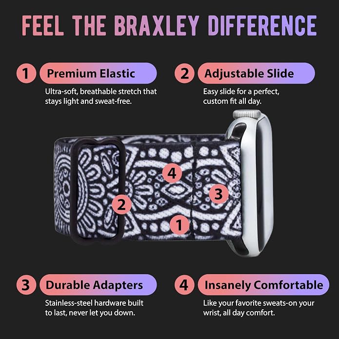 Braxley Bands for Apple Watches - Stretchy and Washable - Adjustable with Apple Watch Bands for Women & Men - Compatible with Apple Watch Series SE Ultra 9 8 7 6 5 4 3 2 1
