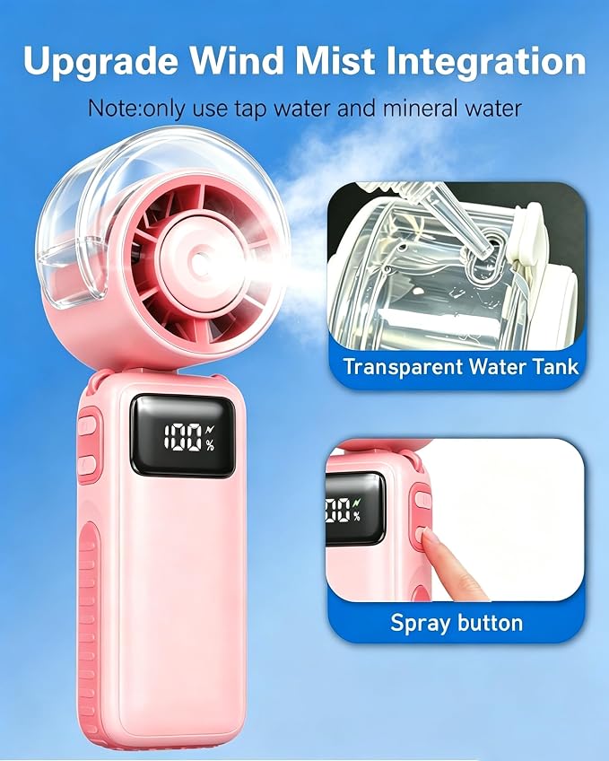 Portable Handheld Air Conditioner Fan -6000mAh Rechargeable Personal Misting Fan/Air Cooler,5Speed Foldable Mini Water Spray Cooling Fan,Turbo Hand Mist Fans for Home,Travel,Outdoor,Beach,Indoor-Pink