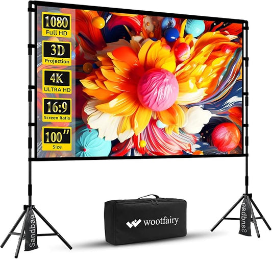 Wootfairy 100inch Projector Screen with Stand: Portable Wrinkle-Free Screen | Foldable 16:9 4K HD Front Rear Projection Movie Screen with Carry Bag for Indoor Outdoor Backyard Sports Night Home Theater