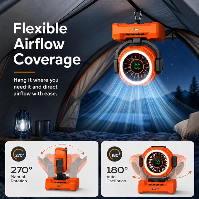Portable Camping Fan 3-in-1, Auto-Oscillating 20000mAh Rechargeable Fan with Light, 1-100 Speed, 12H Timer, Display, Cordless Battery Powered Fan for Indoor, Outdoor, Travel, Fishing, Tent, Bedroom