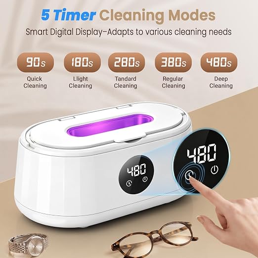 Ultrasonic Jewelry Cleaner, 50kHz Ultrasonic Cleaner Machine for Jewelry, Eyeglass, Retainers,Watch Strap, Rings,420ml 304 Stainless Steel Tank, 5 Timer Modes & LED Digital Display (White)