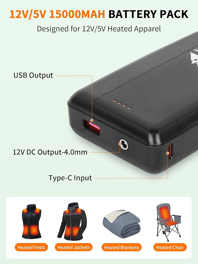 Rechargeable Portable Charger,12V/5V 15000mAh Battery Pack With DC/USB Output, Portable Power Bank for heated Blanket,Heated Vest, Heated Jacket,Heating Clothing,Heated Camping Chair and Phones