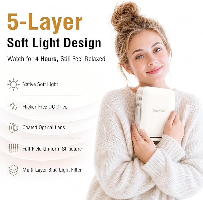 [Officially-Licensed App & Auto Focus]White Smart Mini Projector with WiFi and Bluetooth, XuanPad 4K Support Movie Projector, Portable Native 1080P Outdoor Projector with 360° Stand