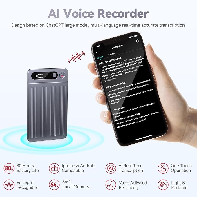 FancyDove AI Voice Recorder, 64GB Storage, Auto Transcription Summary & MindMap, Phone Recording, Note Taking, Playback, for Meetings, Lectures & Interviews (1 Year Subscription Included) (Grey)