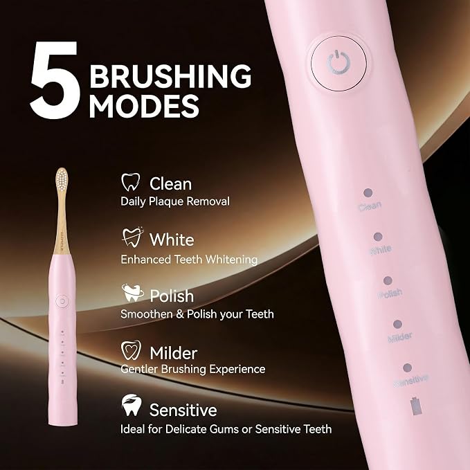 Electric Toothbrush with 4 Bamboo Heads, Bamboo Electric Toothbrush for Adults, Soft Castor Oil Bristles, 5 Modes, Smart Timer, Sonic Technology, IPX7 Waterproof, 60-Day Battery Life-Pink