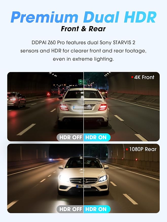DDPAI 4K Dual Dash Cam Front and Rear, Dual STARVIS 2 IMX678 IMX662 Dashcam, Free 128G Card Included,Car Camera with 32G eMMC, 3K/60FPS, 5G WiFi GPS, 3" IPS, Night Vision, 24H Parking Mode, Z60 Pro