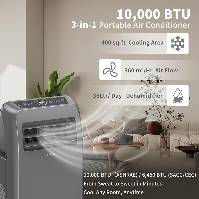 Shinco 10,000 BTU Grey Portable Air Conditioner - 3-in-1 Cool/Dehumidifier/Fan for Rooms Up to 400 sq.ft, Remote Control & 24H Timer, Compact AC Unit for Bedroom/Office