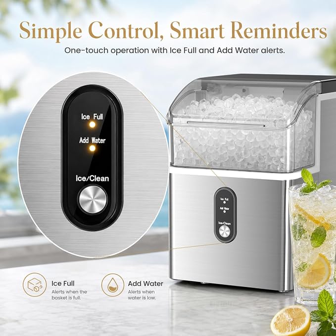 Kismile Nugget Ice Makers Countertop,35Lbs/24H,Portable Sonic Ice Machine with Self-Cleaning,One-Click Operation for Home/Office(Stainless Steels Silver)