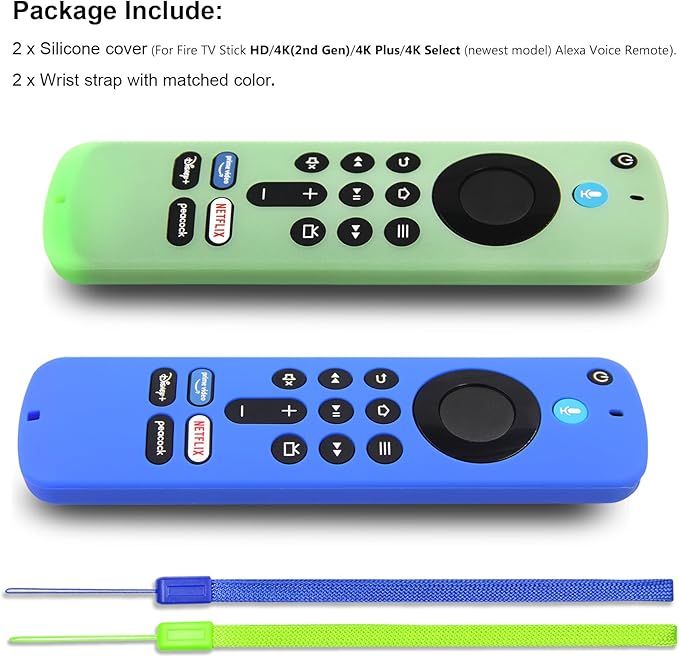 Pinowu Remote Cover Case (2pcs) Compatible with Fire TV Stick HD / 4K(2nd Gen) / 4K Plus / 4K Select Alexa Voice Remote, Anti Slip Silicone Sleeve with Wrist Strap(Green Glow,Blue NOT Glow)
